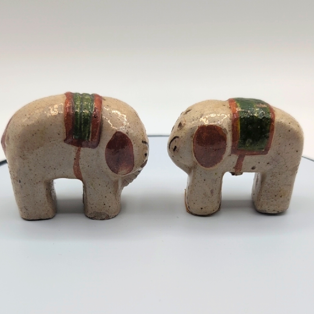 Handcrafted Ceramic Elephant Figurines - Cream and Green